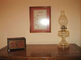 Wooden box, framed needlepoint oil lamp (one of several)