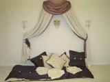 Custom made purple/beige comforter with 5 pillows/ beige dust ruffle