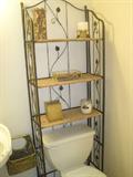 Brass étagère behind commode  with 3 shelves or can be baker's rack with the addition of two bottom shelves