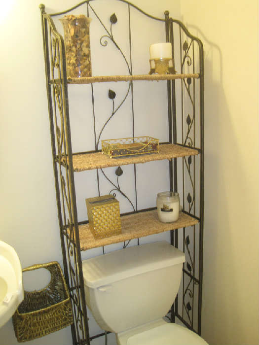 Brass étagère behind commode with 3 shelves or can be baker's rack with the addition of two bottom shelves
