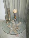 Handmade round glass top petrified driftwood table