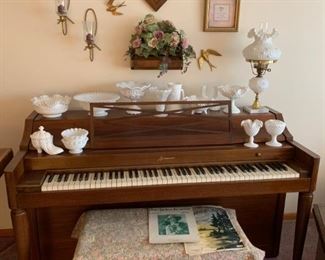 piano..milk glass..wall decor