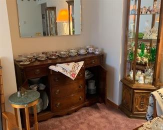 buffet...vintage tea cup collection..fern stand..curio cabinet..bells..nick nacks..mirror