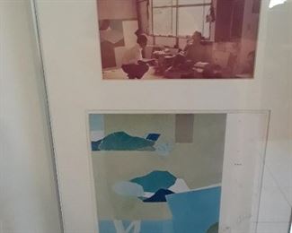 Photo of Osada above one of his wood cut prints.