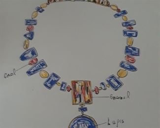 One of Miye's designs for an important lapis necklace is framed as art.