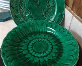 Wedgwood Majolica plates. One leaf design, three sunflower design.