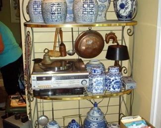 Blue and white china and baker's rack.