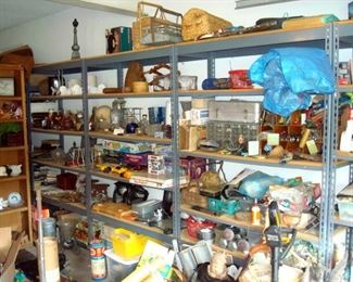 Garage showing racks of collectibles.