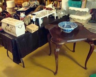 Star inlaid antique table, large flow blue bowl, large aluminum turtle, and other collectibles.