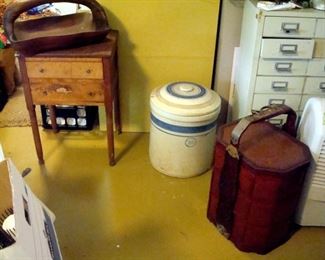 Antique 10 gallon crock with lid, oriental carry all, hand carved wood bowl and antique curley maple stand needing repairs.