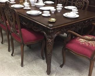 Early 20th c. Heavy Carved Table w/8-Chairs, Italy, 4x10 with 2-leafs.