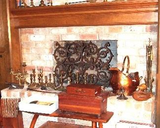 Great Brass Candlestick Collection, Primitive Boxes and tools, cranberry scoop too