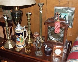 Vintage Clocks, Steins, carved wood figures and pipe holder