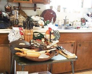Vintage Table Linens, Cast Iron, Knives, Rolling Pins and Roosters