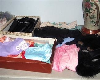 Fancy vintage underwear, bras, bustiers, feather boas, slippers and more...