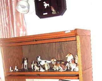 Vintage Porcelain dog, cat and bird collection.  1 of 2 repro. vintage lawyer's bookcases