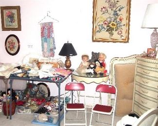 Pr. Fr. Prov. Beds, darling pr. children's metal folding chairs, metal table, TONS vintage quilts, fabrics and fancy linens, vintage dolls, toys and holiday and don't forget the bunnies!