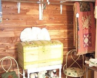 Darling Painted trunk, pr. tole chairs, darling painted table, vintage pillows and more