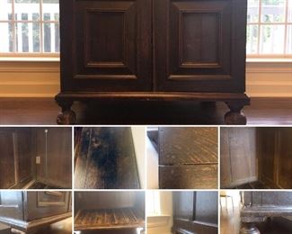 18th Century Cabinet  Beautiful as beverage/bar storage or entertainment stand with unique bun feet. Measures approximately 42"W x 33"H x 24"D  Condition is fair. Bun feet are fragile and may need reinforcing. Color is dark patina. Versatile piece.