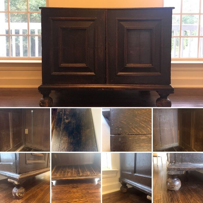18th Century Cabinet  Beautiful as beverage/bar storage or entertainment stand with unique bun feet. Measures approximately 42"W x 33"H x 24"D  Condition is fair. Bun feet are fragile and may need reinforcing. Color is dark patina. Versatile piece.