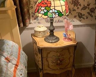 French Provincial Style Hand Painted Night Stand with Tiffany Style Lamp