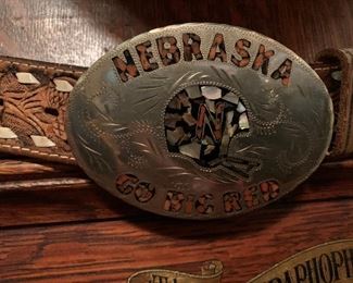 Nebraska Go Big Red Belt Buckle with Mother of Pearl and Turquoise Inlay