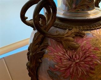 1800's Art Nouveau Sevres Lidded Porcelain and Bronze Vase Signed