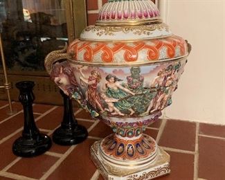 Antique Ram's Head Handles Italian Porcelain Urn Vase