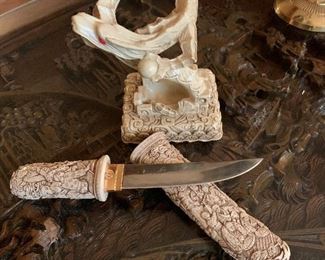 Carved Asian Themed Bone Knife, Sheath and Display Holder