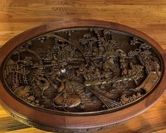 Antique Oriental Hand Carved Oval Wood Table with Nesting Stools