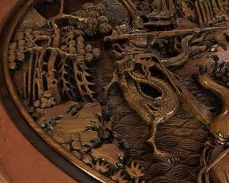 Antique Oriental Hand Carved Oval Wood Table with Nesting Stools