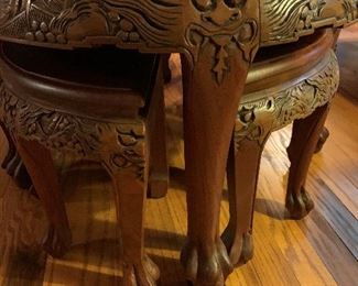 Antique Oriental Hand Carved Oval Wood Table with Nesting Stools