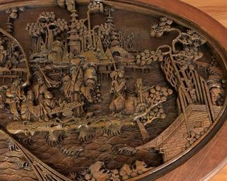 Antique Oriental Hand Carved Oval Wood Table with Nesting Stools