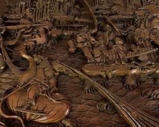 Antique Oriental Hand Carved Oval Wood Table with Nesting Stools