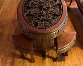 Antique Oriental Hand Carved Oval Wood Table with Nesting Stools
