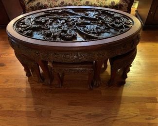 Antique Oriental Hand Carved Oval Wood Table with Nesting Stools