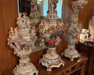 Dresden, Germany Monumental Porcelain Hand-Painted Figural Urns Vases with Lids