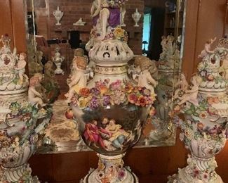 Dresden, Germany Monumental Porcelain Hand-Painted Figural Urn Vase with Lid