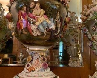 Dresden, Germany Monumental Porcelain Hand-Painted Figural Urn Vase with Lid