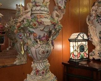 Dresden, Germany Monumental Porcelain Hand-Painted Figural Urn Vase with Lid