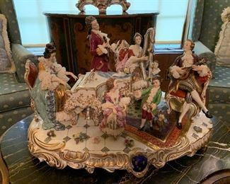 Large Volkstedt Porcelain Dresden Lace Figural Musical Scene