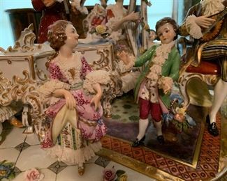 Large Volkstedt Porcelain Dresden Lace Figural Musical Scene