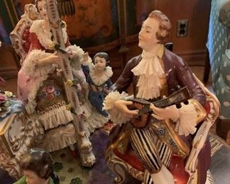 Large Volkstedt Porcelain Dresden Lace Figural Musical Scene