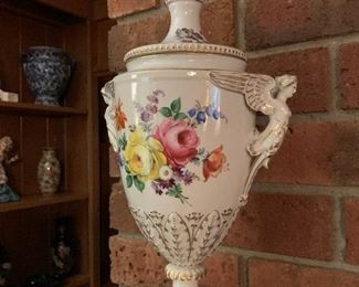 Antique Dresden Germany Covered Porcelain Vase with Harpy Handles