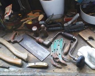 Assorted vintage and antique tools. Many more tools have since been added, including a Temco copper/brass non-sparking  primitive hammer.