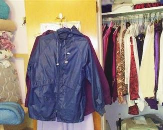 Vintage women's Lacoste rain jacket, L.L. Bean loungewear and various clothing pieces. 