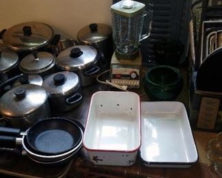 Cookware and vintage enamel-coated pans. 