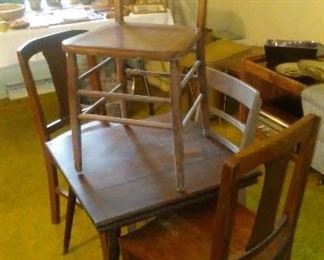 Assorted vintage chairs and table. 