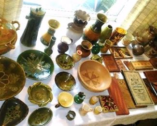 Vintage Latvian glazed pottery and leather crafted  goods. 