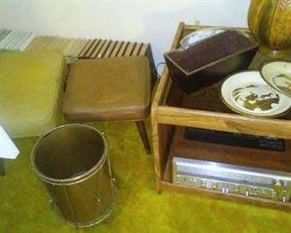 Vintage drum-themed wastebasket, Pioneer stereo receiver and vintage footstools.